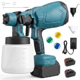 Paint Sprayer, 200W Cordless Spray Gun with 2 x 2000mAh Batteries Included, 1000ml High Capacity HVLP Handheld Electric Paint Sprayer, 3 Spray Patterns for House Painting, Cabinets, Fence DIY Projects