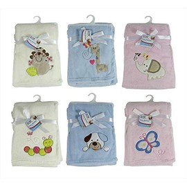 BABY FLEECE COMFORT BLANKET WITH CUTE ANIMAL EMBROIDERY ASSORTED COLOURS