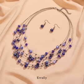 Crystal Beaded Statement Necklace for Women Boho Colorful Multi-Strand Necklace and Earring Sets for Women Fashion Jewelry Gifts for Mom(Sapphire)