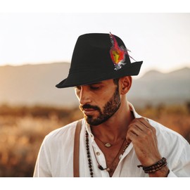 Essence of Europe Gifts German Hat | Hunter Hat Faux Leather Fedora with Metal Edelweiss Pin & Feather - Oktoberfest Hats for Men & Women, 100% Polyester | Black