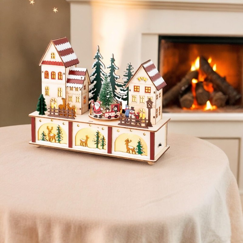 Lumineo LED Wood Village with Santa Scene, 8.66" Tall, Warm