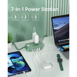 USB C Charging Station,65W USB C Power Strip Surge Protection 1200J, 5FT Flat Extension Cord Desktop USB Charging Hub for Multiple Devices (Pearl Green, 65w)