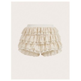 BEAUDRM Women's Lolita Ruffle Layered Lace Trim Shorts Elastic Waist Bow Front Pumpkin Short Pants, Apricot, Large