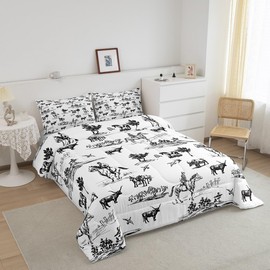 Western Comforter Set King Size Sketch Cowboy Cow and Horse Bedding Set 3Pcs Farm Animal Quilt Set for Kids Boys Girls Adult Room Decor Black White Rustic Farmhouse Duvet Insert,2 Pillowcase