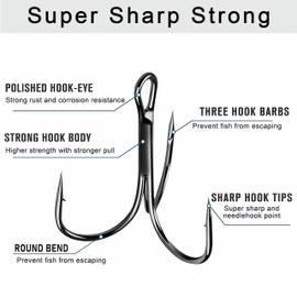 Fishing Treble Hooks Kit - 100pcs/170pcs High Carbon Steel Treble Fishing Hooks and Round Split Rings Kit Saltwater Freshwater Hook Size 2 4 6 8 10 14