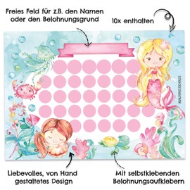 Papierdrachen Reward board set for children as tear-off pad, 10 sheets, motivational concept as educational aid, with great stickers for boys and girls, mermaid motif, blank set of 15