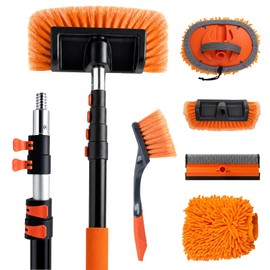 17ft Telescopic Pole with Car Wash Brush and Window Squeegee Kit, 3-12 ft Extension Pole, Bristles Wash Brush, Chenille Mop & Wash Mitt, Wheel Brush for Outdoor Cleaning Supplies for Roof, RV, Truck