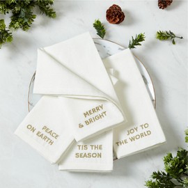 Elrene Home Fashions Joyful Holiday Sentiment Embroidered Napkins, Set of 4, 17"x17", White