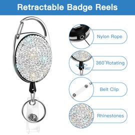SAVORI Retractable Badge Holder with Belt Clip Key Ring Bling Rhinestones ID Card Badge Reel 24 inches Cord for Nurse Student Teacher (Oval White)