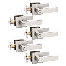 Tinewa 5 Pack Privacy Square Brushed Nickel Door Handles Interior, Keyless Door Knobs for Bedroom/Bathroom, Reversible for Left Right Handed Doors