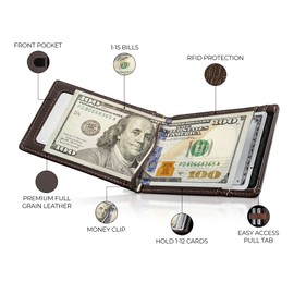 Kingly Kingly Cash Clip Slim Leather Wallet for Men with RFID Blocking & Money Clip - Minimalist Front Pocket Bifold Wallet Holds 12 Cards - Secure Card Holder with Easy Access Pull Tab