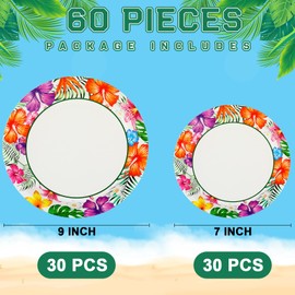 Havawish 60 Pcs Summer Party Paper Plates Disposable Round Paper Plates Dessert Party Plates for Summer Spring Hawaiian Birthday Party Decoration, 7 Inch and 9 Inch(Hawaiian Luau Theme)