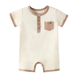 DREAMHALO Unisex Baby Boy Girl Romper Pajamas,2-Way Zipper Short Sleeve Jumpsuit Sleeper Pjs, Viscose Made from Bamboo, B-medium Beige, 12-18 Months