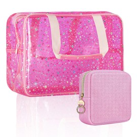 Playexen Clear Makeup Bags, Clear Travel Toiletry Bag with Extra Small Glitter Cosmetic Bag, Waterproof Essential Organizer Pouch for Sports Travel Beach (Stars-Pink)