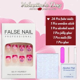 Valentine's Day Press on Nails Short，French Tip Fake Nails Square Glue on nails Nude Pink False Nails Heart Lips Love Letter XO Nails Press on Cute Glossy Acrylic Nails F for Women Valentine Nails Art