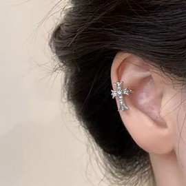 TseenYi CZ Cross Ear Cuff Earrings Silver Crystal Cross Ear Cuff Earrings Sparkling Crystal Cuff Earrings Tiny Crucifix Earrings Jewellery for Women and Girls (Right Ear)