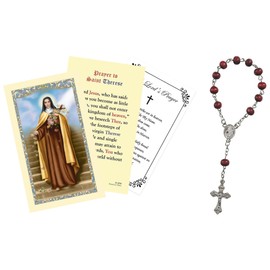 One Decade St Theresa Rosary Beads - Rose Scented St Therese of Lisieux Rosary - St Theresa Little Flower Rosary Beads Case, St Therese Prayer Card, The Lord's Prayer - Catholic Cards Set - 3 Items