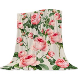 Neatee Living Rose Decorative Throw Blanket Twin Size Spring Summer Floral Blanket Couch Sofa Bed Soft Cozy Lightweight Fuzzy Fleece Blankets Pink Flower Home Decoration Blanket 60x80
