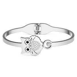 OUSIO Stainless Steel 18K Gold Plated Rhinestone Cute Owl Cuff Bangle Bird Animals Bracelet Jewelry For Women Charm Birthday Christmas Spring Summer Accessories Gifts (Silver Plated)