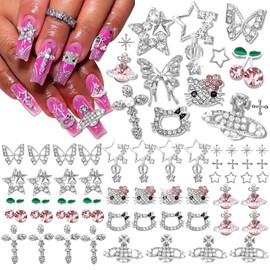 52PCS 3D Nail Charms and Gems Y2K Silver Butterfly Cross Star Planet Cherries Charms for Acrylic Chrome Nails Design Kawaii Nail Jewels for Nail Art