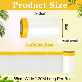 Inkurie 5 Roll Pre Taped Masking Film, 22'' x 65ft Tape and Drape Plastic Drop Cloth Automotive Painters Masking Tape Film for for Auto Wall Appliance Furniture Painting Protection