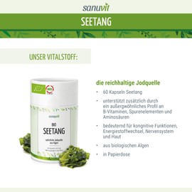 Sanuvit® - Organic seaweed 500 mg, organic algae, organic kelp, high dose with 335 μg iodine per capsule, high bioavailability, quality from Austria, vegan, 60 capsules