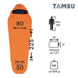TAMBU OFRA - Mummy Sleeping Bag 3°-16°C for Adults 80 x 225 cm - Ultralight Outdoor Sleeping Bag Made of PFC-Free Polyester - Sleeping Bag Small Pack Size - Sleeping Bag for Camping and Travel