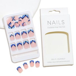 Butterfly French Tip Press on Nails Short Fake Nails with Designs Glossy Square False Nails Full cover Glue on Nails Nude Blue Nails Press on Acrylic Nails for Women Spring Summer Nail Art Decorations