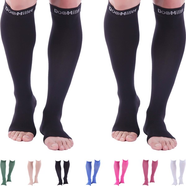 Doc Miller Toeless Compression Socks Women and Men 2 Pair - 20-30mmHg - Open Toe Compression Socks Women for Shin Splints Varicose Veins Leg Cramps Recovery - Support Circulation - Black Medium Size