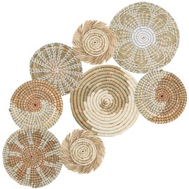 Set of 9 Boho Hanging Wall Basket Decor Rattan Woven Wall Basket Decor Rustic Flat Elegant Wall Art for Home Living Rooms Farmhouse Nursery (Beige)