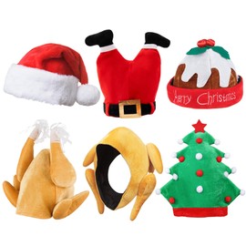 Novelty Christmas Hats Pack - Contains Santa Hats, Christmas Turkey Hat Adult, Christmas Pudding Hat Adult, Christmas Tree Hat - Christmas Accessories to Wear as Christmas Novelty Hats for Adults (6)