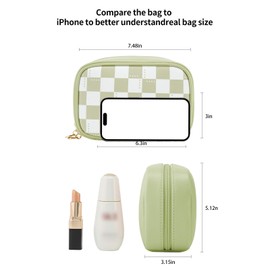 RIGHT AWAY Checkered Makeup Bag for Purse,Small Cosmetic Bag Organizer for Women, Travel Make Up Pouch Waterproof Toiletry Bag Cute Makeup Case for Travel Accessories(Green Checkerboard)