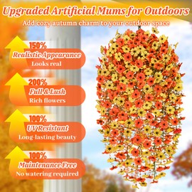 Artificial Mums for Outdoors, 4 Pack Faux Mums for Outdoor Planters, Fall Hanging Flowers Artificial for Decoration, UV Resistant Fake Flowers for Outdoors Garden Porch Yard Patio, Orange & Yellow