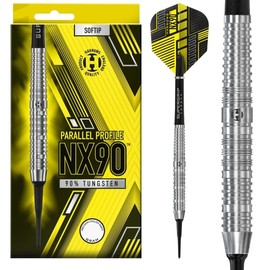 Harrows NX90 Darts Set I Professional Darts 90% Tungsten Soft Tip 18g and 20g Pro Darts I 10 Piece Set with Black Supergrip Midi Shafts and NX90 Flights (20 grams) (Parallel 18g)