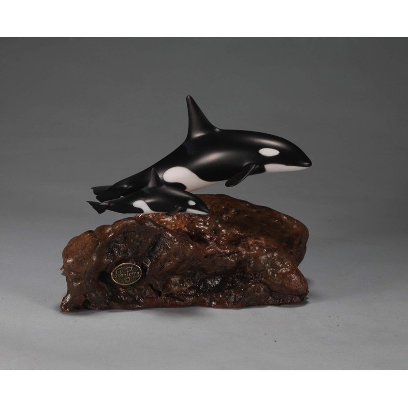 Orca Killer Whale & Calf Sculpture by John Perry 7in