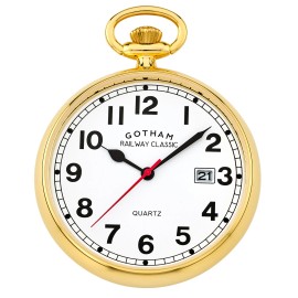 Gotham Men's Gold Plated Analog Quartz Date Railroad Pocket Watch # GWC14101G