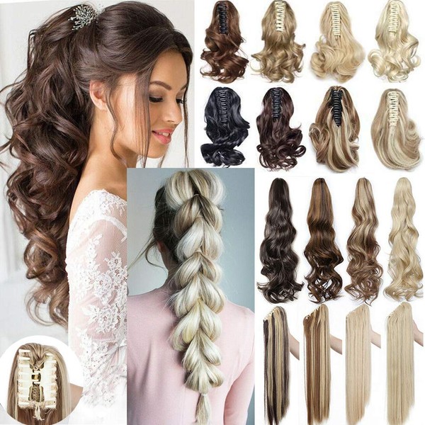 Ponytail Extension Clip in Claw 18" Long Wavy Jaw Pony Tails Clip on Hairpiece for Women Girls Light Brown