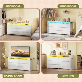 WLIVE 6 Drawer Dresser for Bedroom, Expandable White Wood Dresser from 5'3" to 6'5'' with Flexible Shelves and Hanging Rack, Led Dressers with Power Outlet, Chest of Drawers for Living Room (85'' TV)