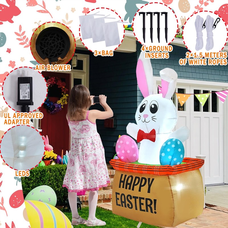 HZGDEJTG4FT Egg Basket Bunny Easter Inflatable Outdoor Decoration, with Built-in