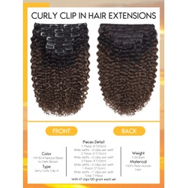 Caliee 14inch Curly Clip in Hair Extensions Real Human Hair 3 B 3C Natural Black Fading into Dark Brown Ombre Double Weft Real Remy Hair Extensions Curly Clip Ins with 7 Pieces 120G