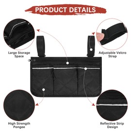 TIXIPEM 12.8"x7" Beach Chair Armrest Bag [2-Pack] - Waterproof Polyester Adjustable Straps Reflective Strip Beach Chair Organizer Use for Camping & Stadium & Patio Chairs [Black]