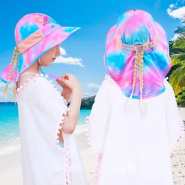 PASHOP Girls Sun Hat Anti-UV Wide Brim UPF 50+ Sun Protection Beach Hat with Adjustable Chin Strap for 3-8 Years (Starry Unicorn)