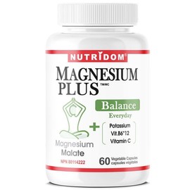Nutridom Magnesium Plus - Calm Supplement - Magnesium Malate, Vitamin B6, Vitamin B12, Vitamin C & Potassium - Supports Stress Relief & Relaxation - Non-GMO, Vegan, Gluten Free, Veggie Capsules (60 Count)