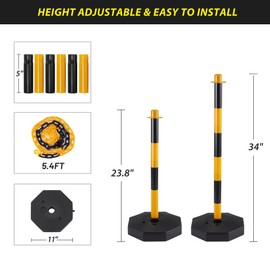 Outspurge 6 Pack Traffic Delineator Post Cone with Fillable Base, Crowd Control Barricade, Safety Cones, Adjustable Delineator Post Traffic Cones with 5.4FT Chain Outdoor and Indoor (Yellow+Black)