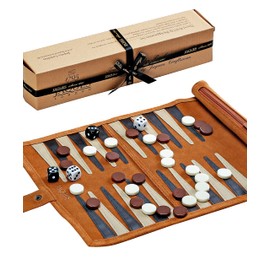 Jaques of London Backgammon Set | Luxury Backgammon Set | Travel Roll Up Backgammon Game with Traditional Tan Design | Genuine Leather Backgammon Set | Since 1795…