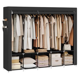 SONGMICS Portable Closet, Wardrobe Closet Organizer with Cover, 5 Hanging Rods and Shelves, 4 Side Pockets, 17.7 x 83 x 65.7 Inches, Large Capacity for Bedroom, Living Room, Ink Black URYG095B01
