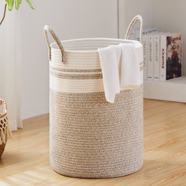 Fiona's magic 100L Extra Large Laundry Hamper Basket, 26.4Gal Tall Woven Laundry Basket Storage, Baby Nursery Hamper for Blankets, Clothes Hamper for Bedroom and Living Room Organizing, Brown & White