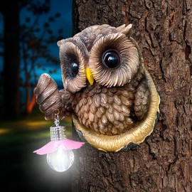 Relxhmft Owl Tree Hugger with LED Light, Outdoor Resin Peeker Statue, Waterproof Tree Face Decor, Garden Owl Sculpture Ornament, Funny Yard Art Decoration for Patio Lawn
