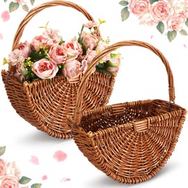 Willinglong 2 Pcs Wicker Flower Girl Baskets Wedding Flower Girl Baskets with Handle Half Moon Hand Woven Eggs Candy Storage Basket for Wedding Picnic Garden Storage Home Decor (Dark Color)