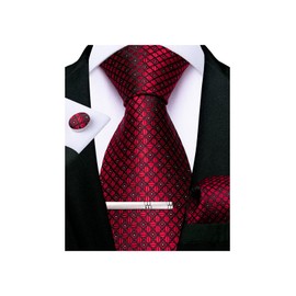 DiBanGu Red Plaid Tie Woven Classic Formal Men's Necktie & Pocket Square Cufflinks Tie Clip Set Wedding